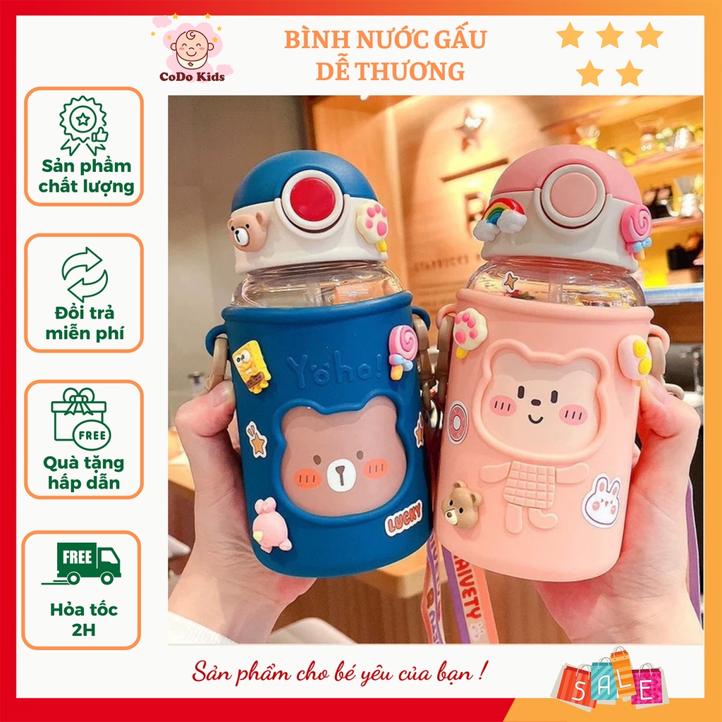 Bình Nước Cho Bé Đi Học Có Ống Hút, Bình Uống Nước Gấu Cute 620ml Kèm Sticker