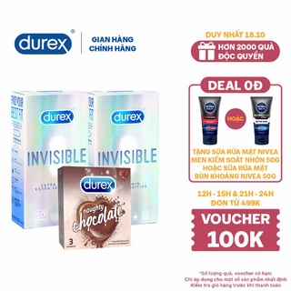 Bộ 2 Bao cao su Durex Invisible (10 bao/hộp, size 52mm) + Tặng 1 hộp Durex Naughty Chocolate (3 bao/hộp)