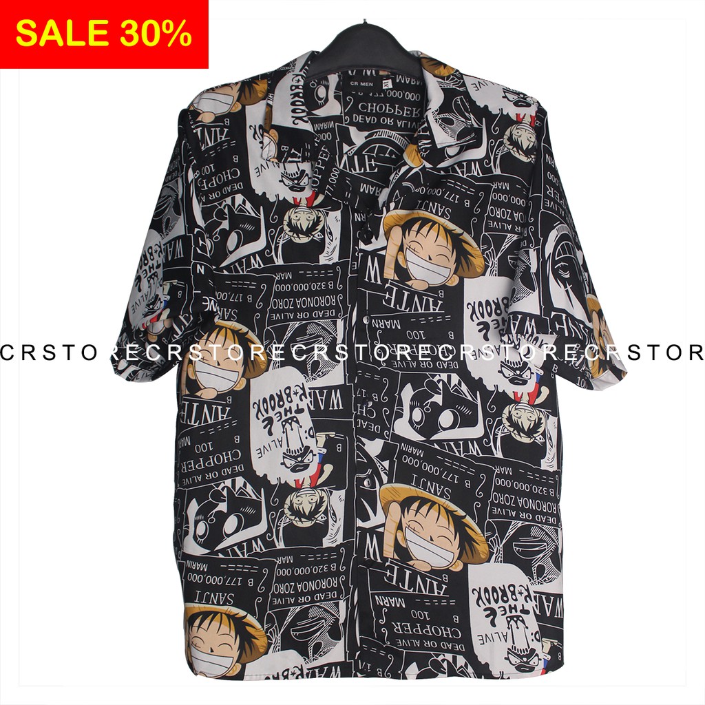 Áo Sơ Mi Monkey D. Luffy Đen Ngắn Tay Form Rộng Unisex Nam Nữ Vải Lụa