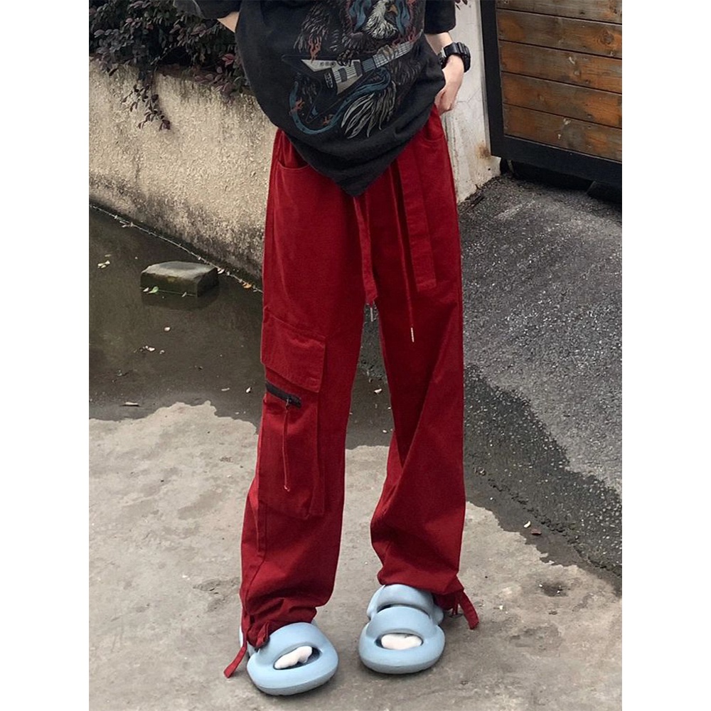 Ethelgirl Quần Dài Lưng Cao Màu Đỏ Phong Cách Đường Phố Mỹ Thời Trang Cho Nữ