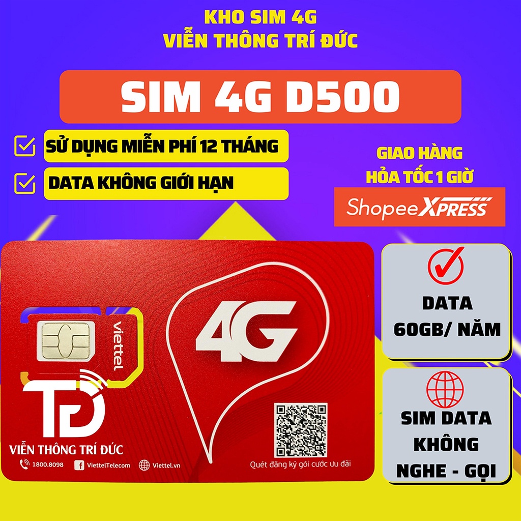 Sim 4G D500 [60Gb] Viettel/ Vina - Sim Lên Mạng 1 Năm, Data Không Giới Hạn, Không Phí Duy Trì - Viễn Thông Trí Đức