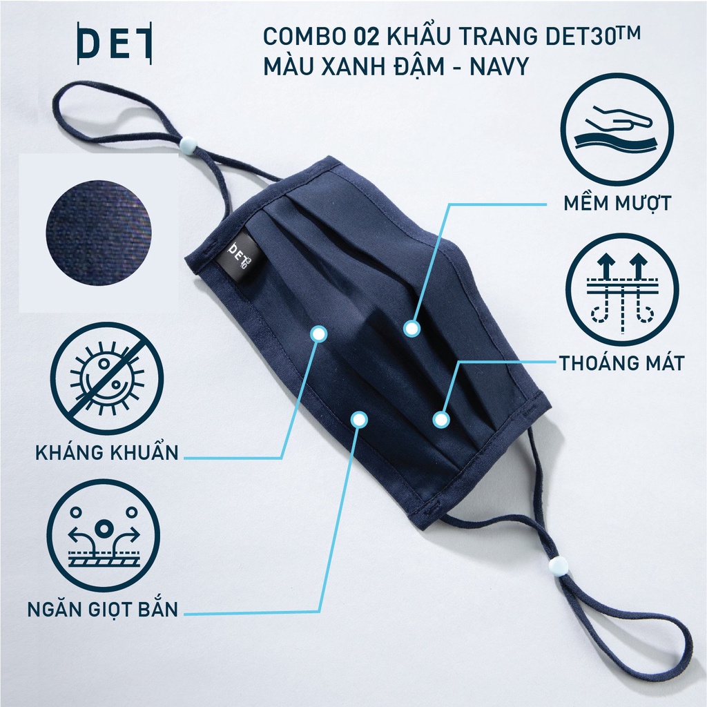 Combo 02 khẩu trang vải kháng khuẩn cao cấp DETERMINANT - kháng nước - màu xanh đâm - Navy [DET30TM]