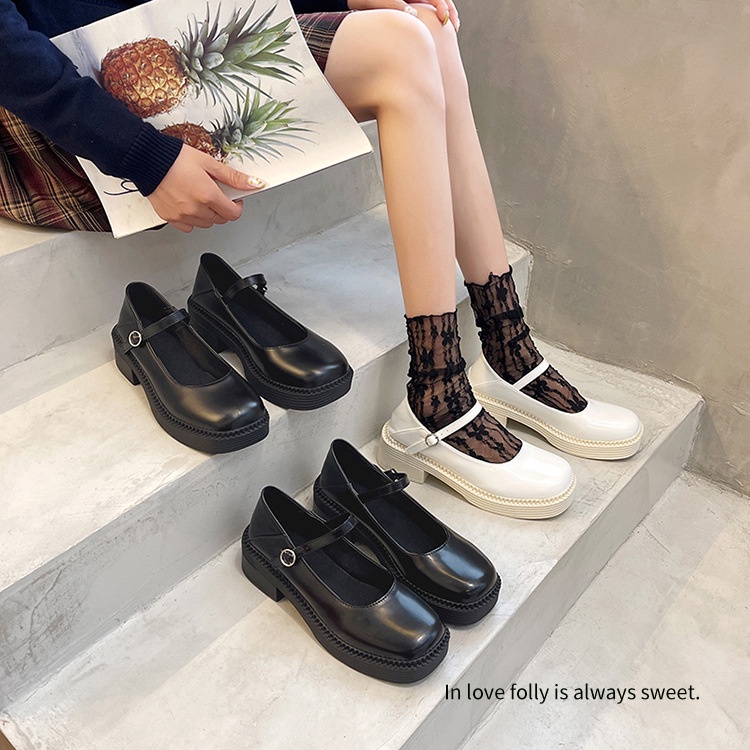 Giày Nữ Ulzzang Phong Cách Vintage, Giày Lolita Da Pu Cao Cấp Mũi Vuông Tròn Quai Trơn Đế Cao 3cm Hàn Quốc- Iclasy_shoes