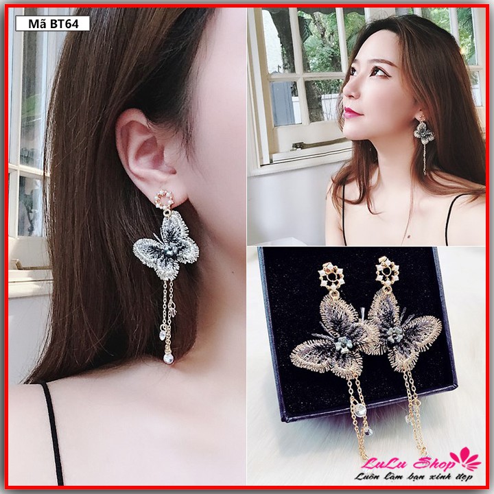 Bông tai Hàn Quốc hình cánh bướm thả, dài, cá tính - Hoa tai BT64