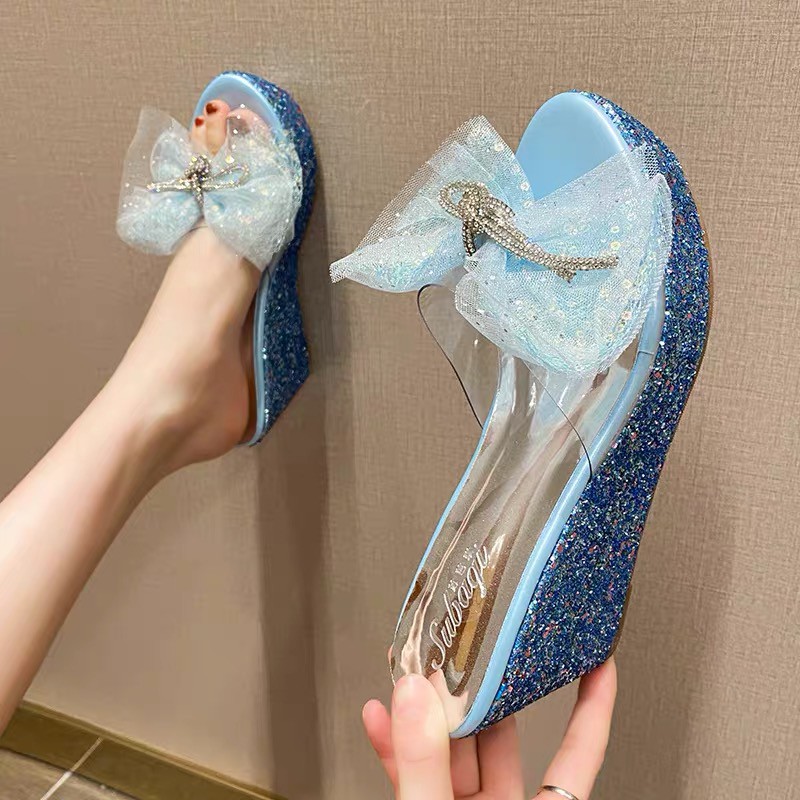 Dép đế xuồng nhũ quai trong suốt đính nơ 8 - 12 cm, hàng cao cấp
