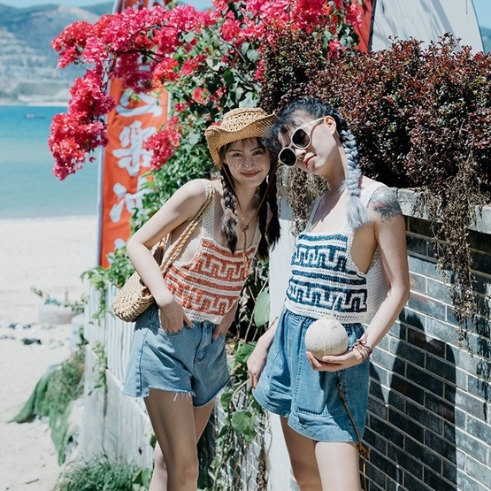 [Augustcloth] Áo hai dây lưới đi biển phong cách Hàn Quốc
