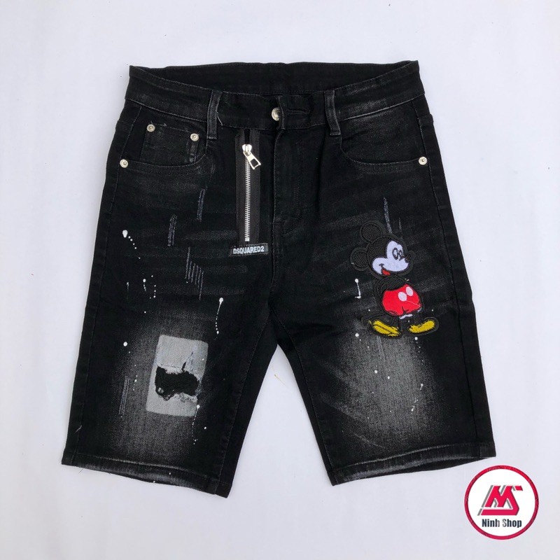 Quần bò ngố Dsq2 Mickey khoá lệch - Quần Short jean - Quần short nam