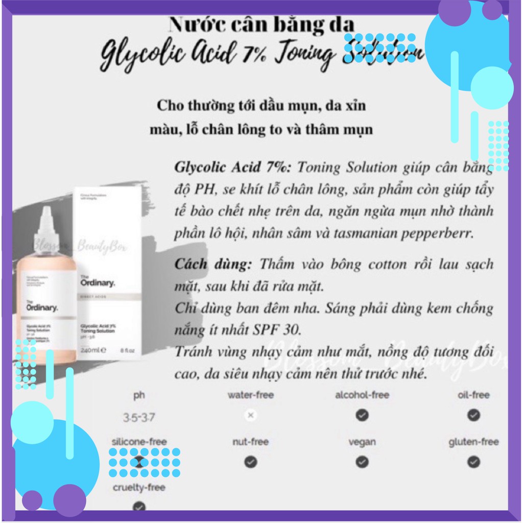 SALE MÙA HÈ (Bill Hãng) Nước hoa hồng tẩy tế bào da chết, ngừa mụn, sáng da, mờ thâm THE ORDINARY GLYCOLIC ACID 7% TONIN