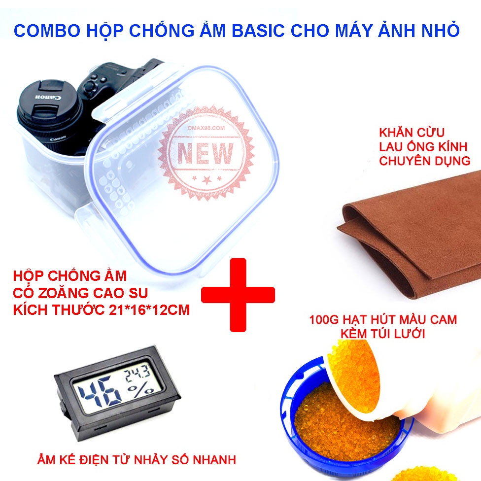 Hộp chống ẩm nhỏ gọn + Hạt hút + ẩm kế