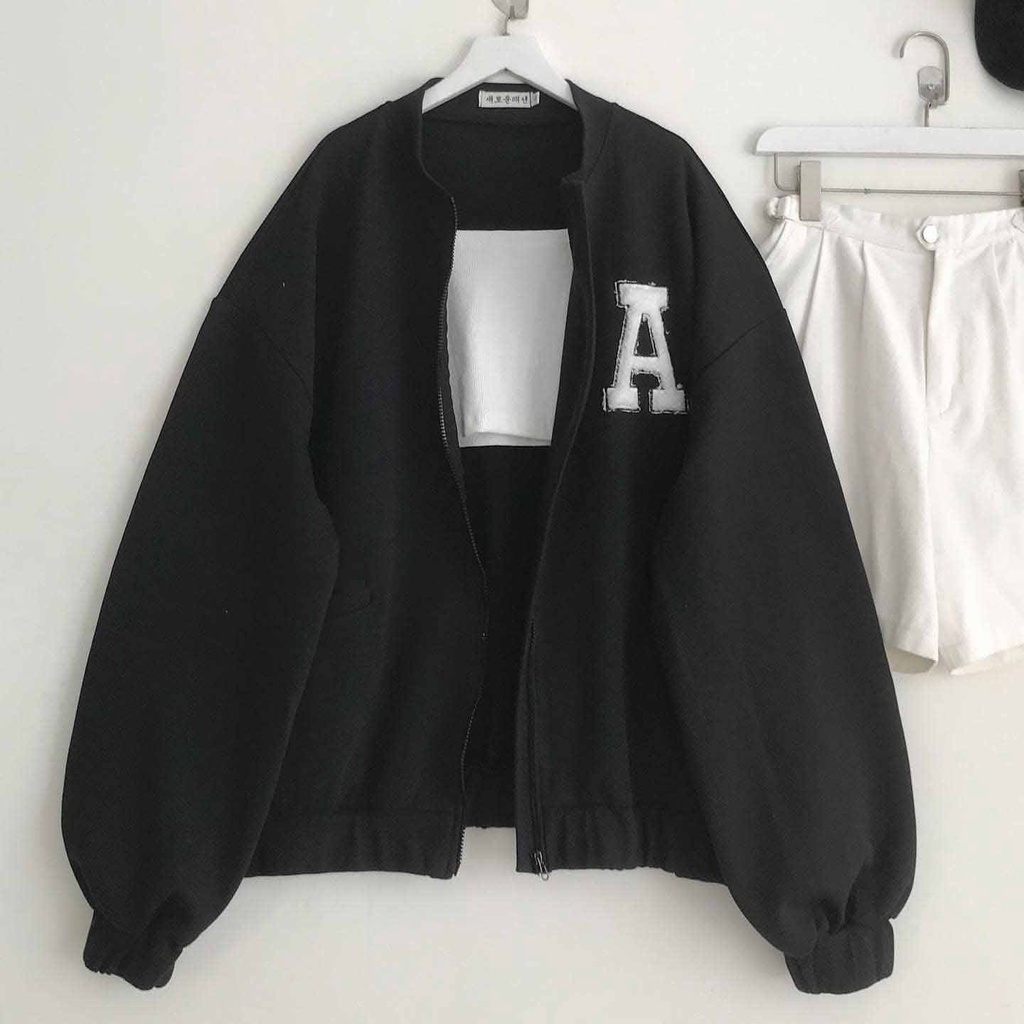 Áo Khoác Bomber Nữ Form Rộng Áo Khoác Nỉ Nữ Tay Bo Thêu Chữ Phần Trước Ngực Màu Đen Basic TAKENN 10237 Gous.go