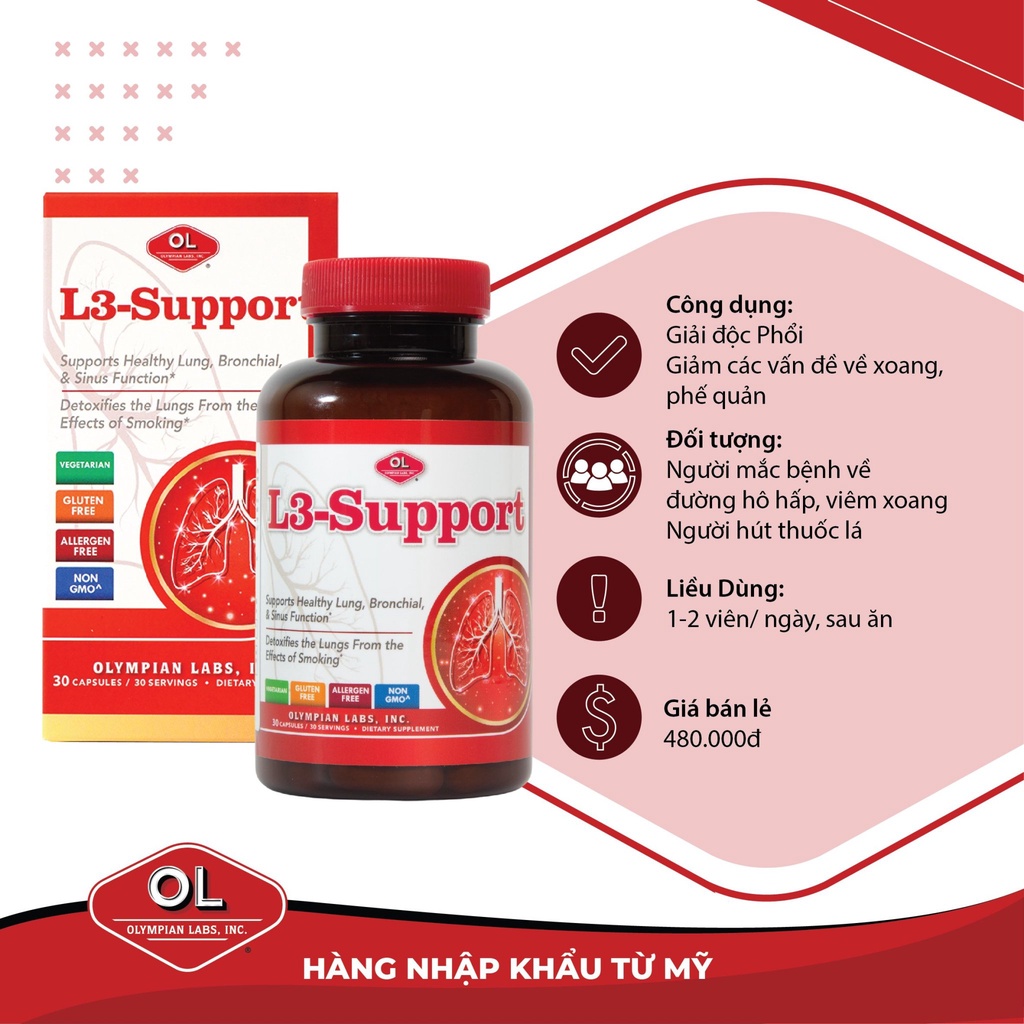 Viên Uống Hỗ Trợ Chức Năng Phổi, Phế Quản Và Xoang Olympian labs L3 Support 30 Viên