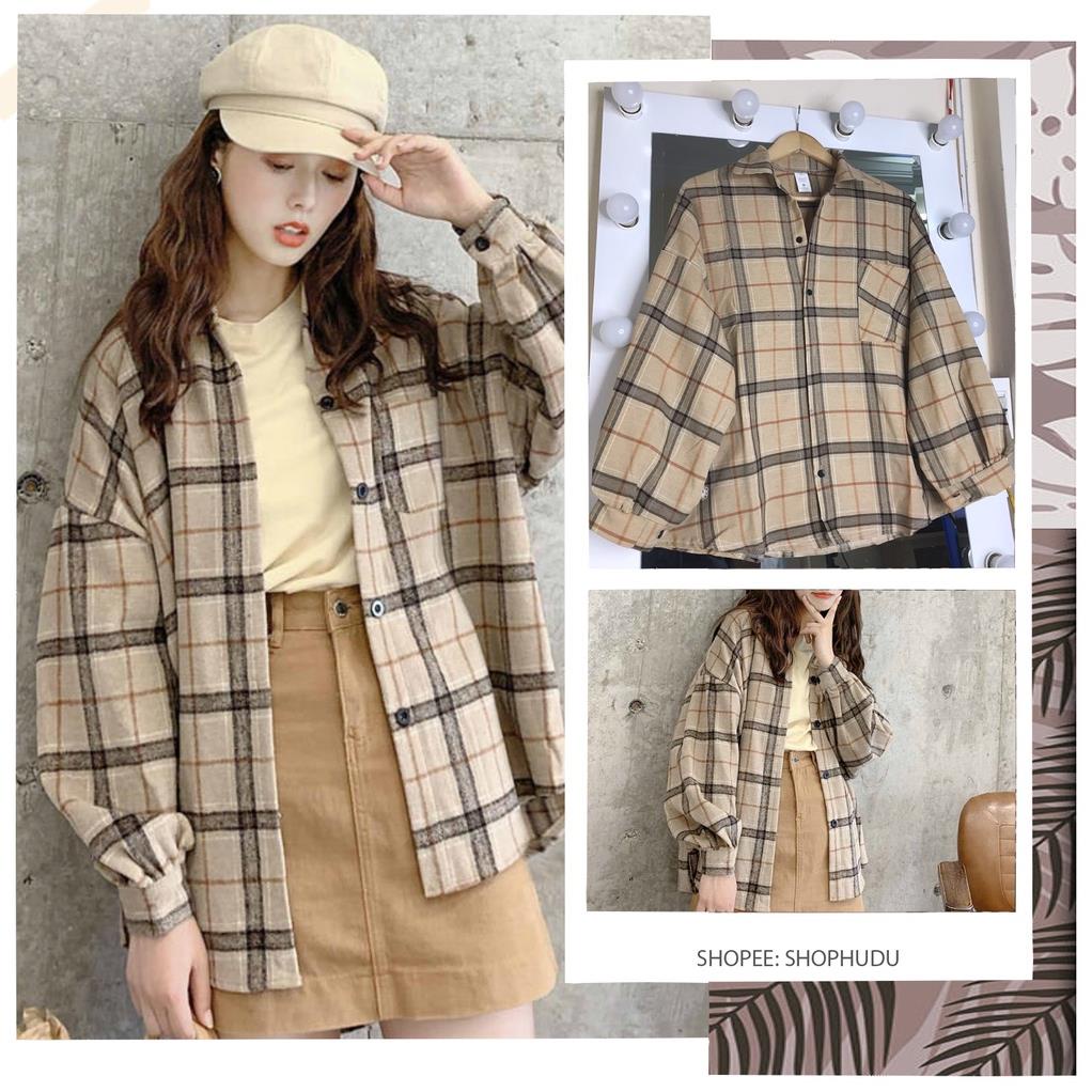 A022 Áo sơ mi caro dài tay nam nữ đẹp thu đông dáng rộng, áo khoác ngoài chống nắng kẻ ô oversize vintage Hàn Quốc New