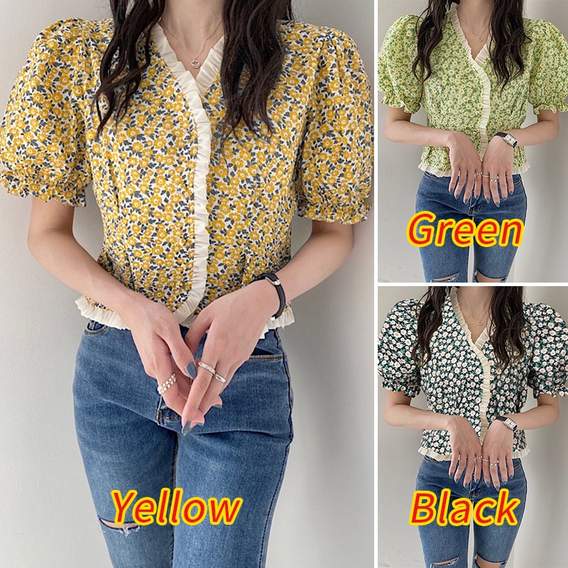 Áo Zanzea kiểu tay phồng cổ chữ v in họa tiết hoa phong cách Hàn Quốc thời trang cho nữ