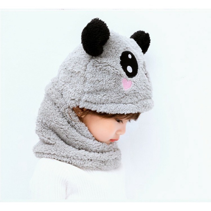 Mũ len bông Gấu kèm khăn choàng dính liền mũ siêu ấm cho bé 1-5 tuổi