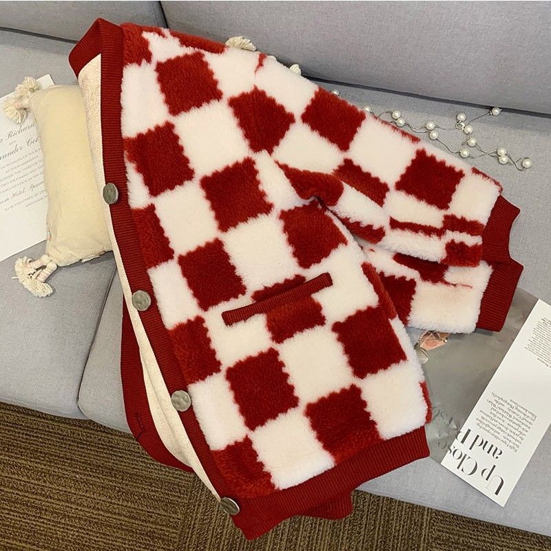 2023 Áo Khoác Bóng Chày Bằng Len Kẻ Caro Đỏ Phiên Bản Hàn Quốc Cao Cấp Cho Nữ Unifor