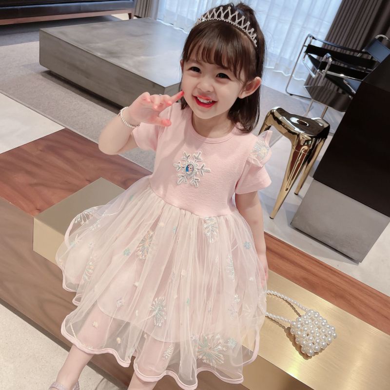 Đầm Công Chúa Phối Ren Lưới Thời Trang Mùa Hè Xinh Xắn Cho Bé Gái