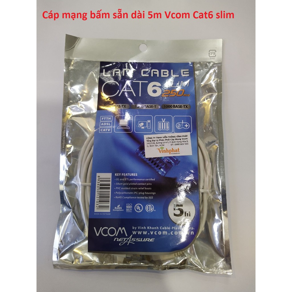 Cáp mạng bấm sẵn dài 5m Vcom Cat6 slim