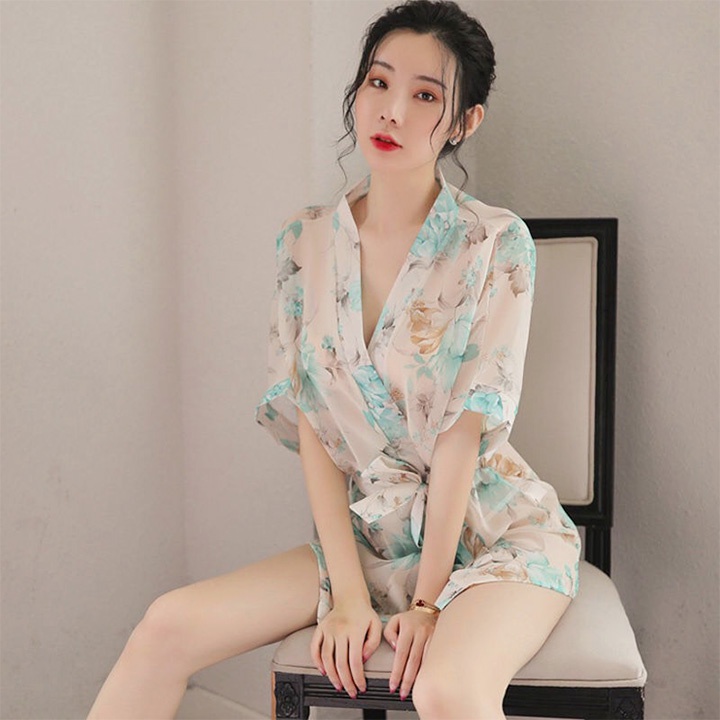 Áo choàng ngủ xuyên thấu sexy kiểu kimono in hoa sang trọng BT42218