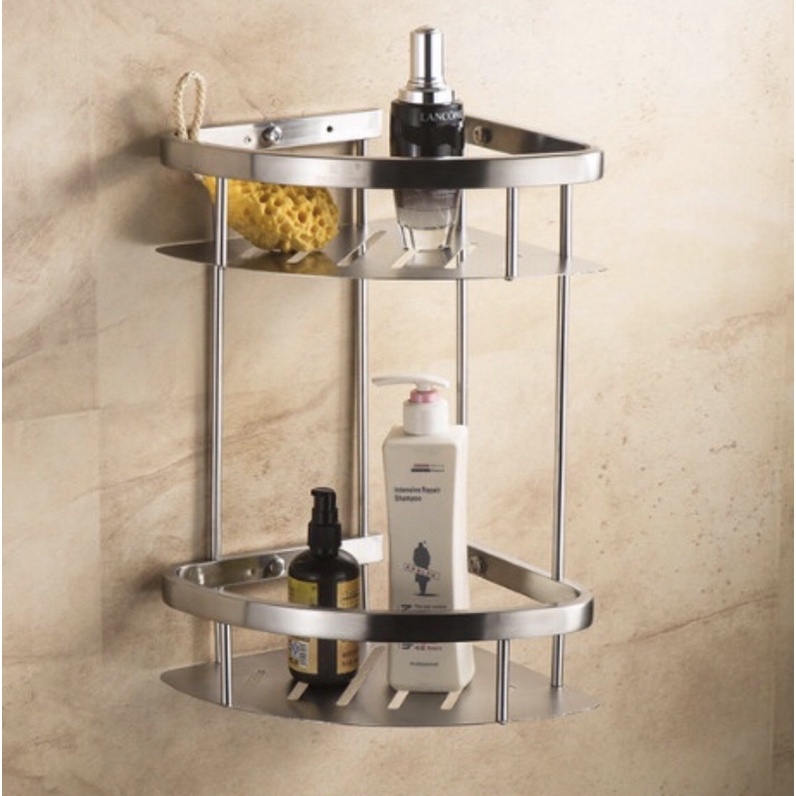 Kệ góc nhà tắm 2 tầng chất liệu inox 304 không han rỉ phù hợp để đồ dùng nhà tắm phòng bếp tiện lợi