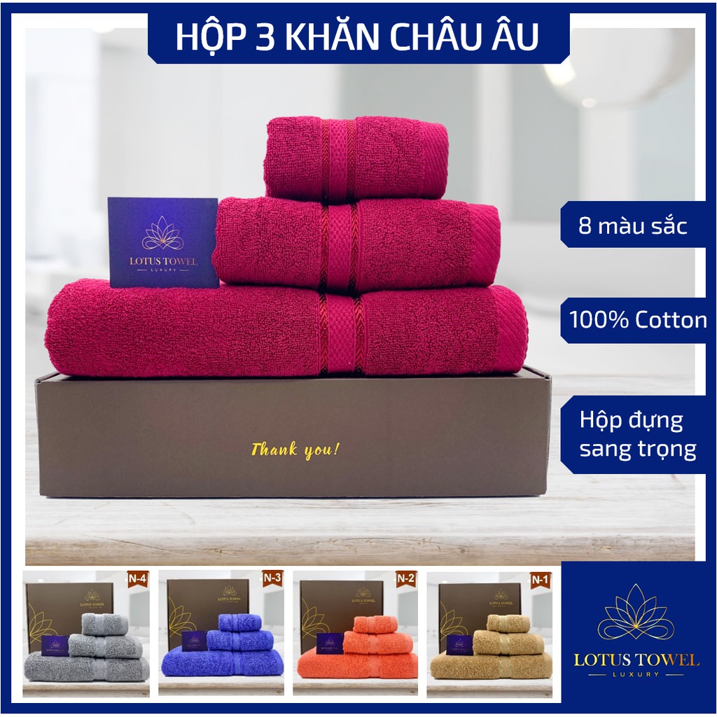 Hộp 3 khăn Châu Âu - LotusTowel sang trọng, 100% cotton, siêu mềm, ko bay màu