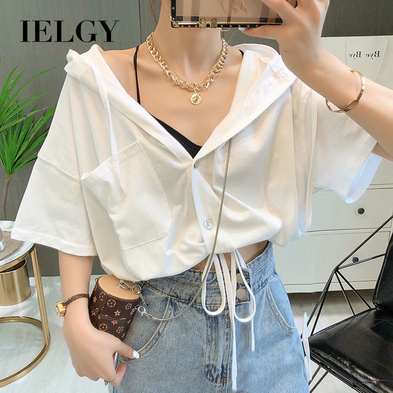 Áo khoác croptop IELGY có mũ trùm đầu tay lửng lưng cao mỏng nhẹ thời trang cho nữ