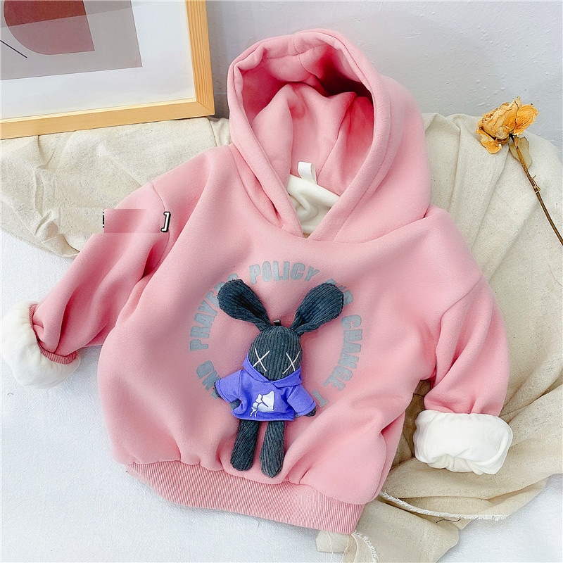 Áo hoodie cho bé gái 2-7 tuổi lót lông đính thỏ, Áo nỉ có mũ trẻ em kiểu dáng thời trang