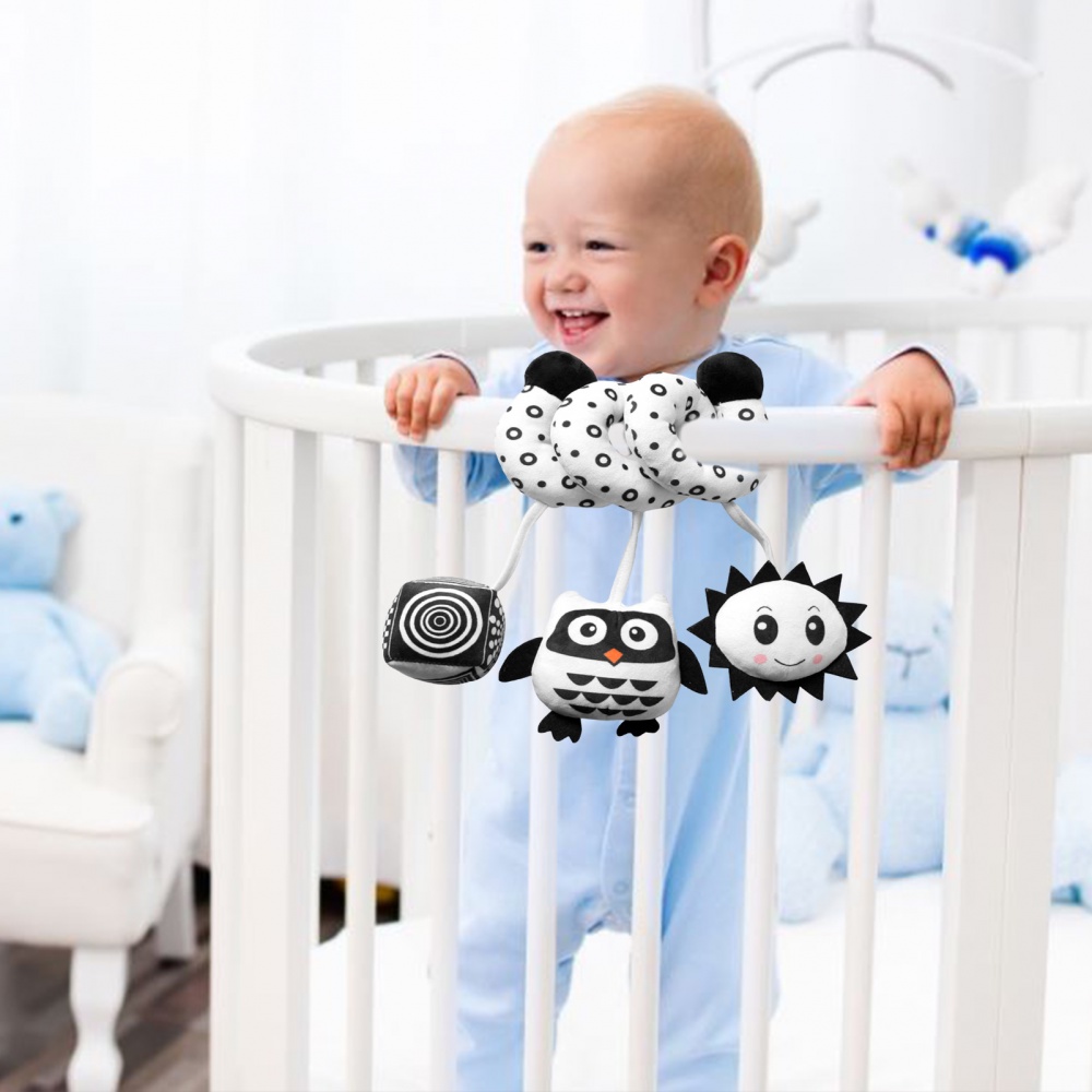 Đồ Chơi Thú Bông Treo Nôi / Xe Đẩy Em Bé Màu Trắng Đen Có Chuông Kêu