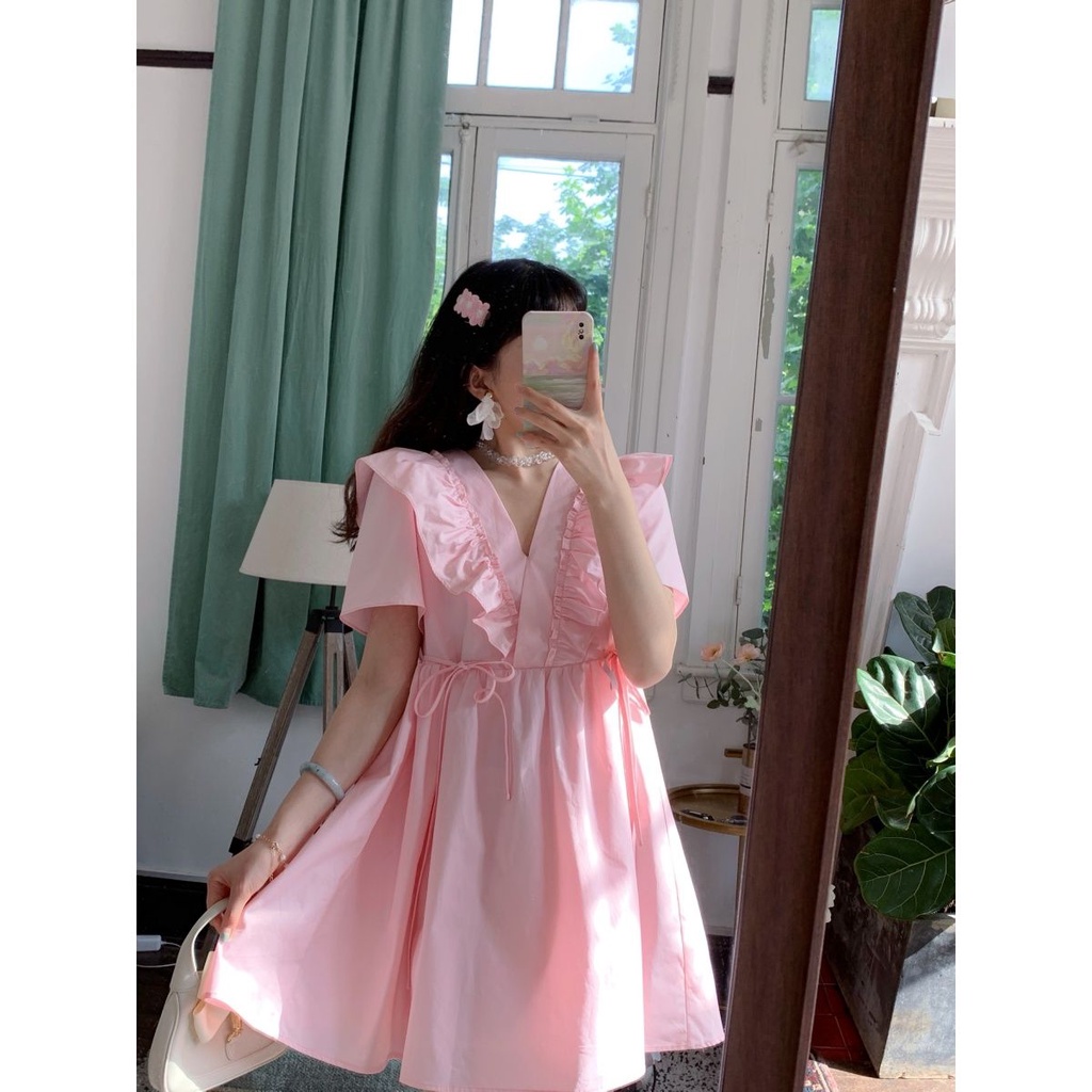  Đầm chữ A ngắn cổ chữ V phối bèo thời trang cho nữ | BigBuy360 - bigbuy360.vn