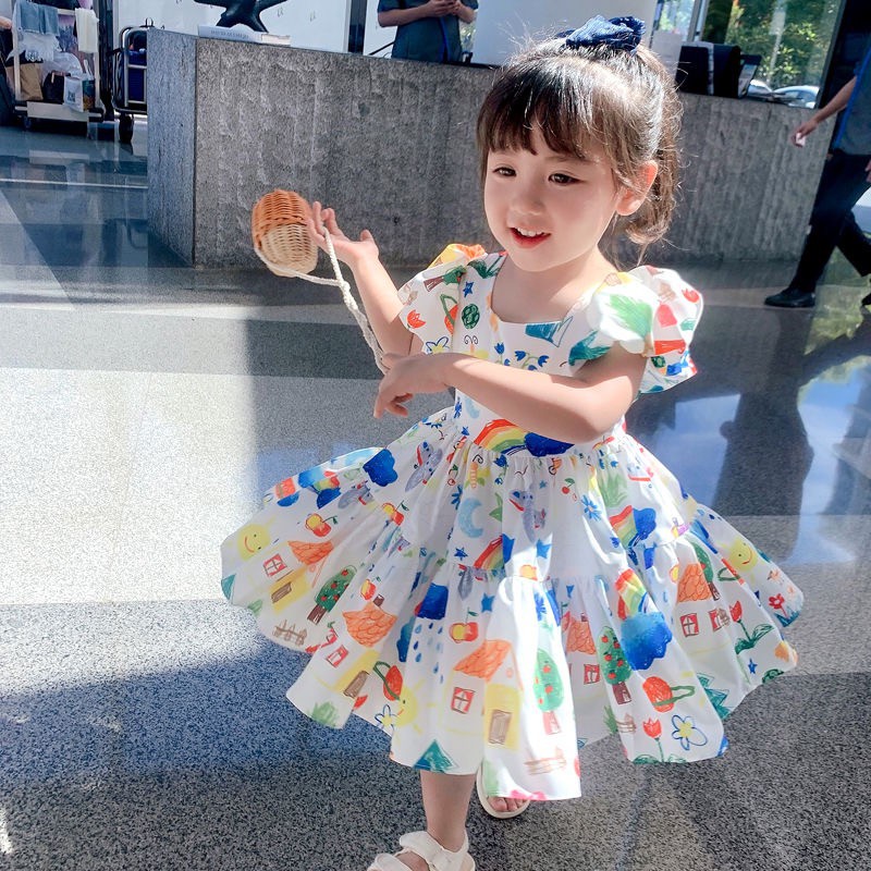 Váy xòe trắng phối nhiều màu xuân hè cho bé gái (N00623)