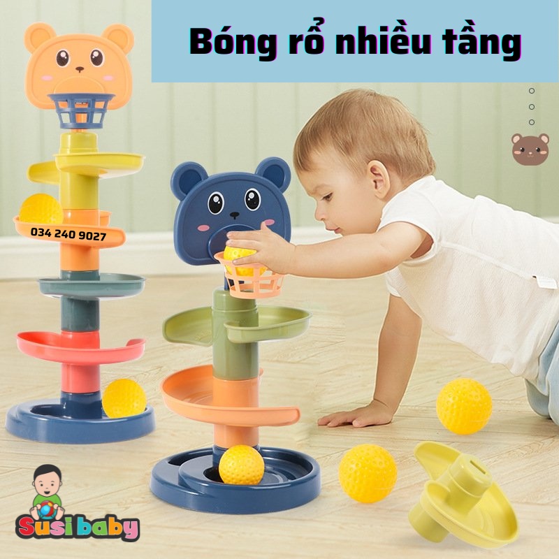 Đồ chơi thả bóng xoay tròn cầu trượt cho bé tháp bóng lăn kèm đồ chơi bóng rổ cho bé