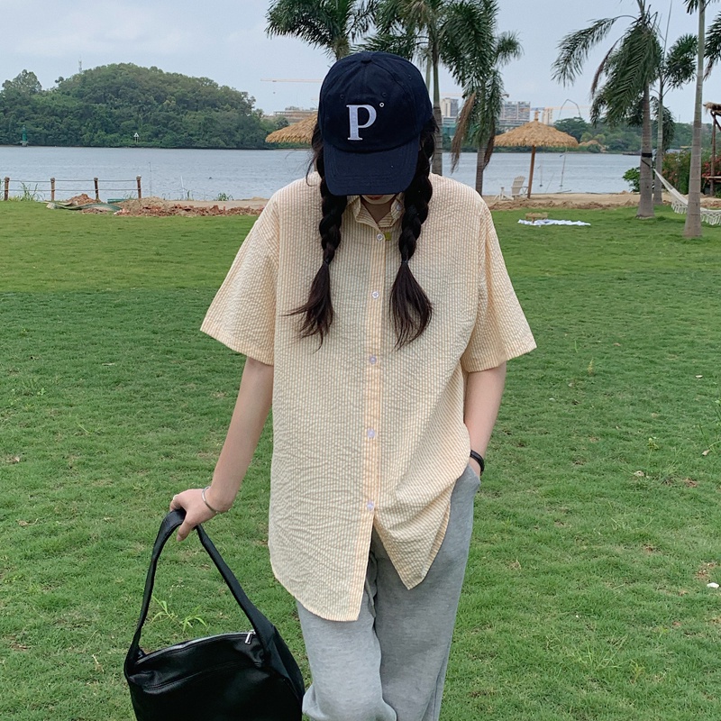 Áo sơ mi nữ tay ngắn kẻ sọc thời trang Hàn Quốc