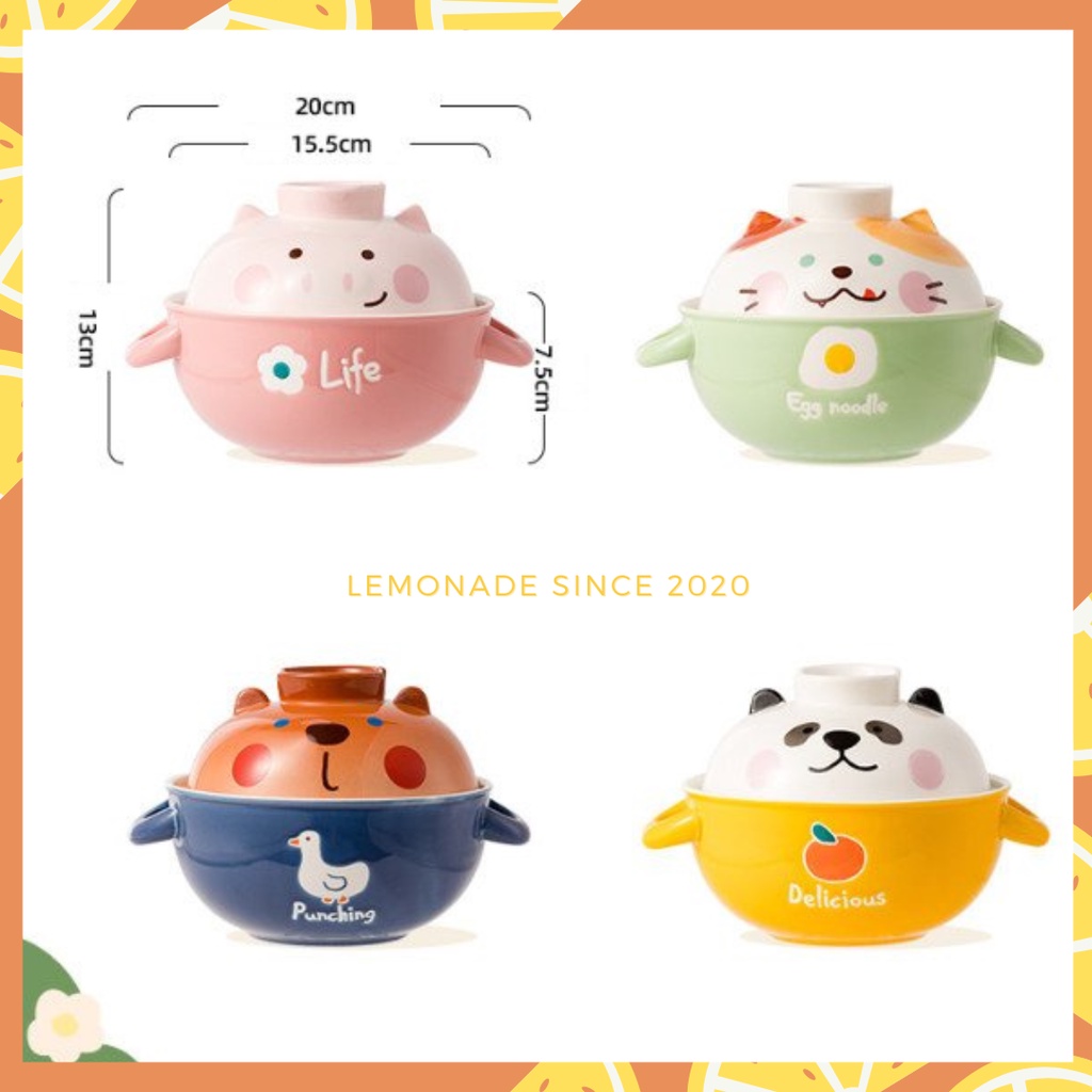 Tô bát mì ăn liền bằng gốm sứ hình mèo, gấu, lợn dễ thương có nắp đậy hai tay cầm tiện lợi cho văn phòng, ký túc xá