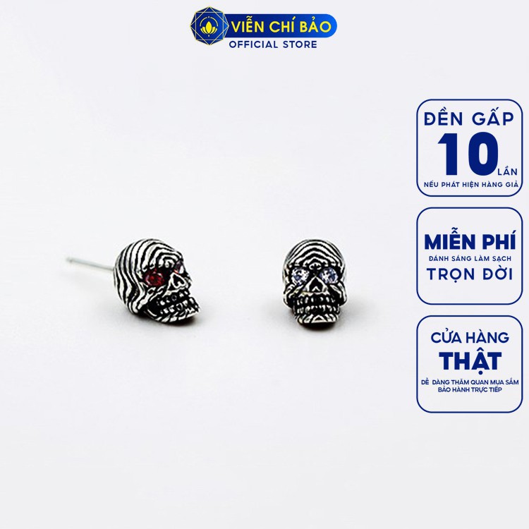Bông tai bạc nam skull king mắt đỏ trắng unisex chất liệu bạc Thái 925 phụ kiện trang sức Viễn Chí Bảo B100103