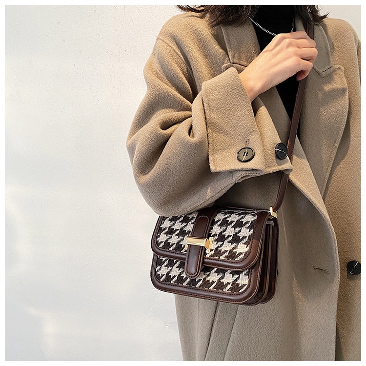 Túi đeo chéo hình vuông cỡ nhỏ họa tiết houndstooth đơn giản phong cách phương Tây sành điệu IELGY