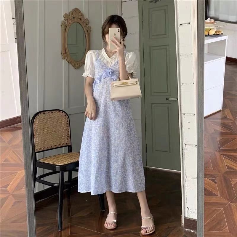 Đầm Giả Hai Mảnh Cổ Chữ V Thiết Kế Mỏng Nhẹ Ngọt Ngào Phong Cách Pháp Mới Cho Nữ