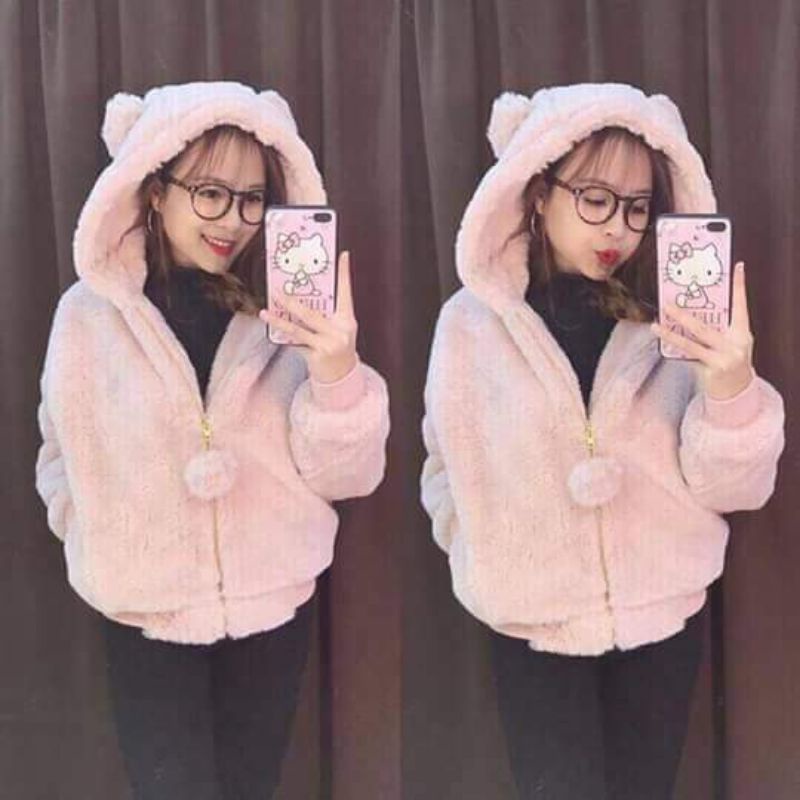 Áo khoác lông gấu hồng nữ khóa kéo, áo khoác lông tai gấu mùa đông siêu ấm  chất lông mượt .màu hồng | BigBuy360 - bigbuy360.vn