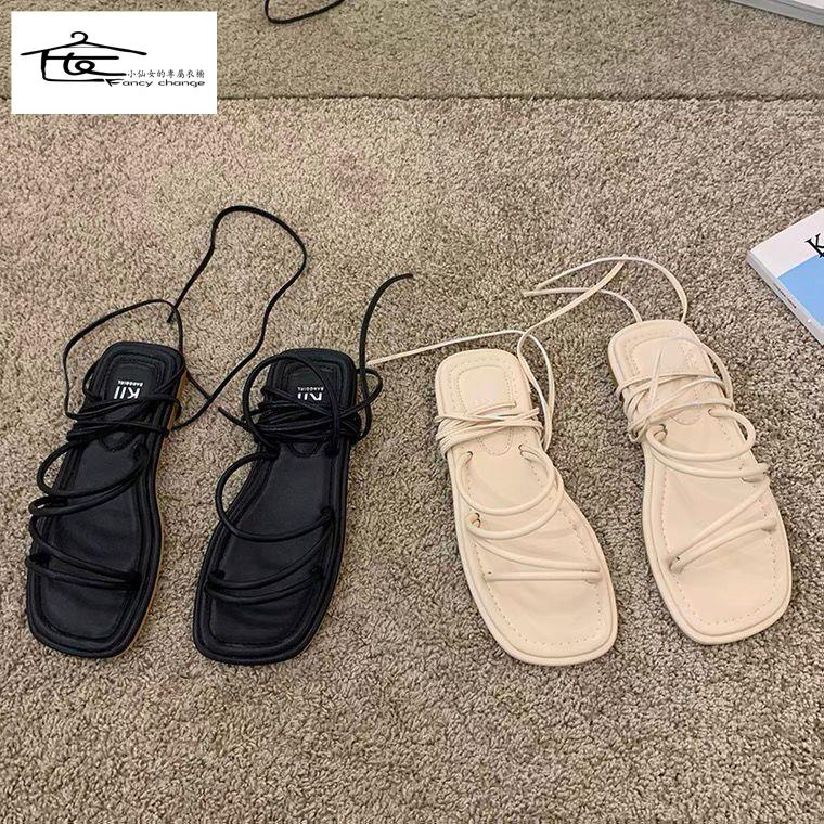 Giày Sandal Mùa Hè Năm 2021 Mũi Vuông Cột Dây Chéo Phong Cách Roman Cho Nữ