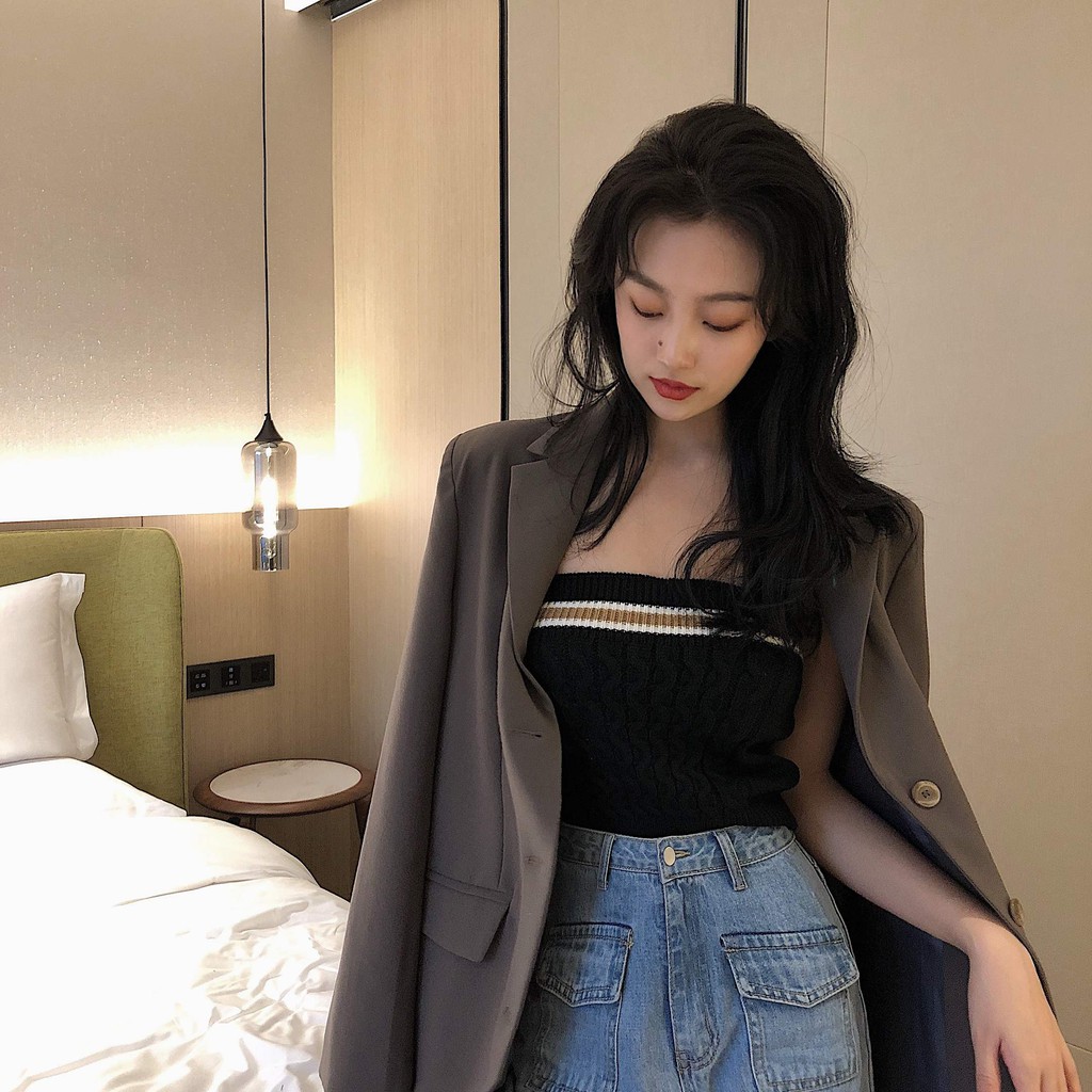 Áo Ống Dáng Ôm Màu Sắc Tương Phản Kiểu Dáng Gợi Cảm Phong Cách Hàn Quốc