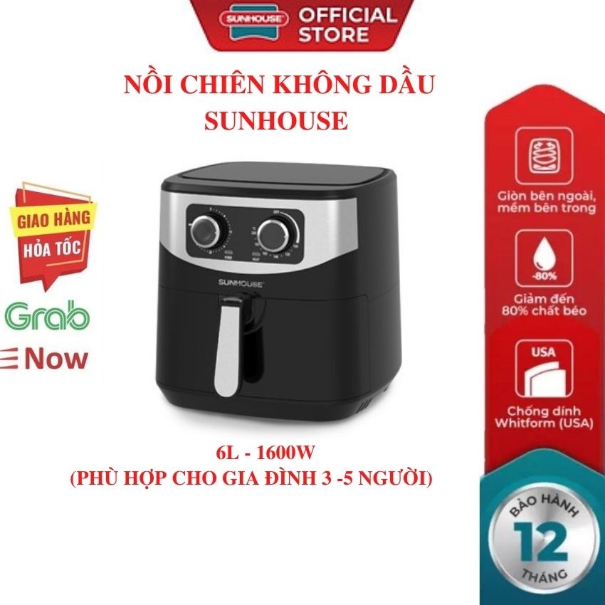 Nồi chiên không dầu SUNHOUSE SHD4062-2022 6.0L công nghệ Rapid Air giảm đến 80% lượng chất béo