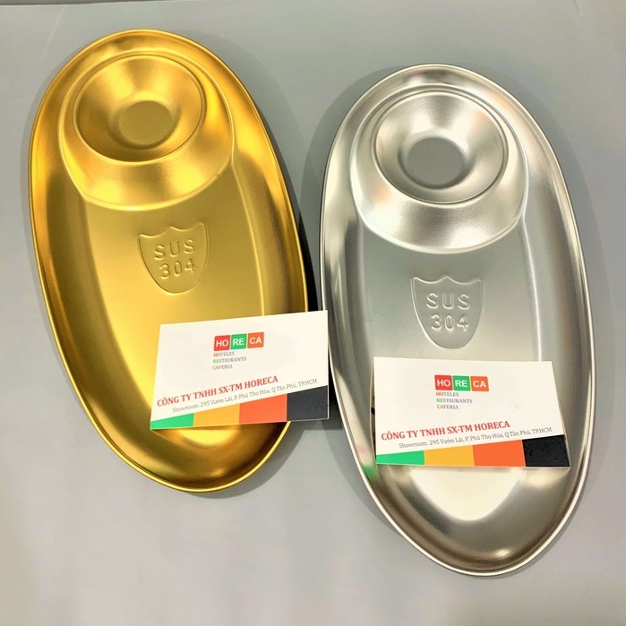 Đĩa (dĩa) Inox 304 hàn quốc, khay đựng khoai tây chiên, có ngăn chia đựng tương, hình bầu dục, inox vàng, inox trắng