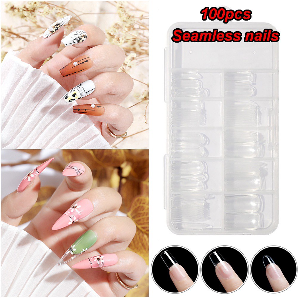 Hộp 100 móng tay úp liền mạch trong suốt bằng acrylic cho nữ