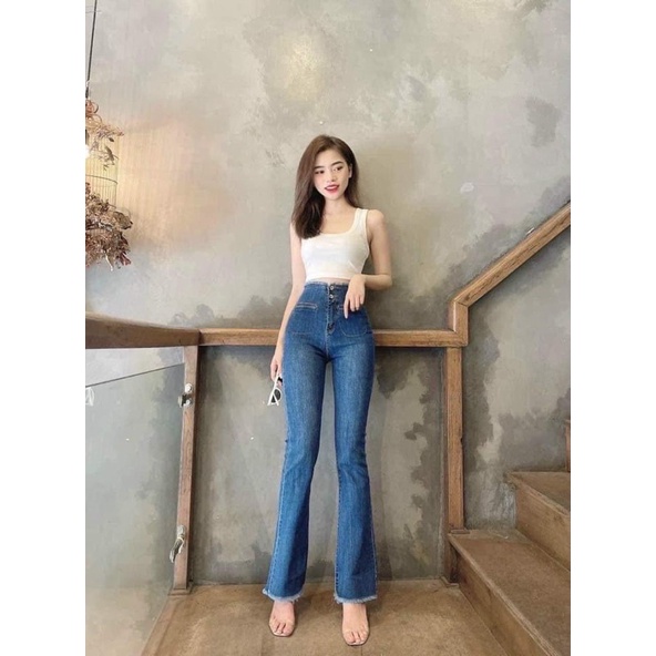 QNU94 - QUẦN JEANS NỮ XANH ỐNG LOE CẠP TUA RUA M24