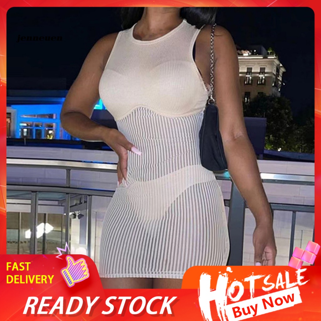 Je Đầm Mini Sát Nách Phối Lưới Xuyên Thấu Gợi Cảm Cho Nữ