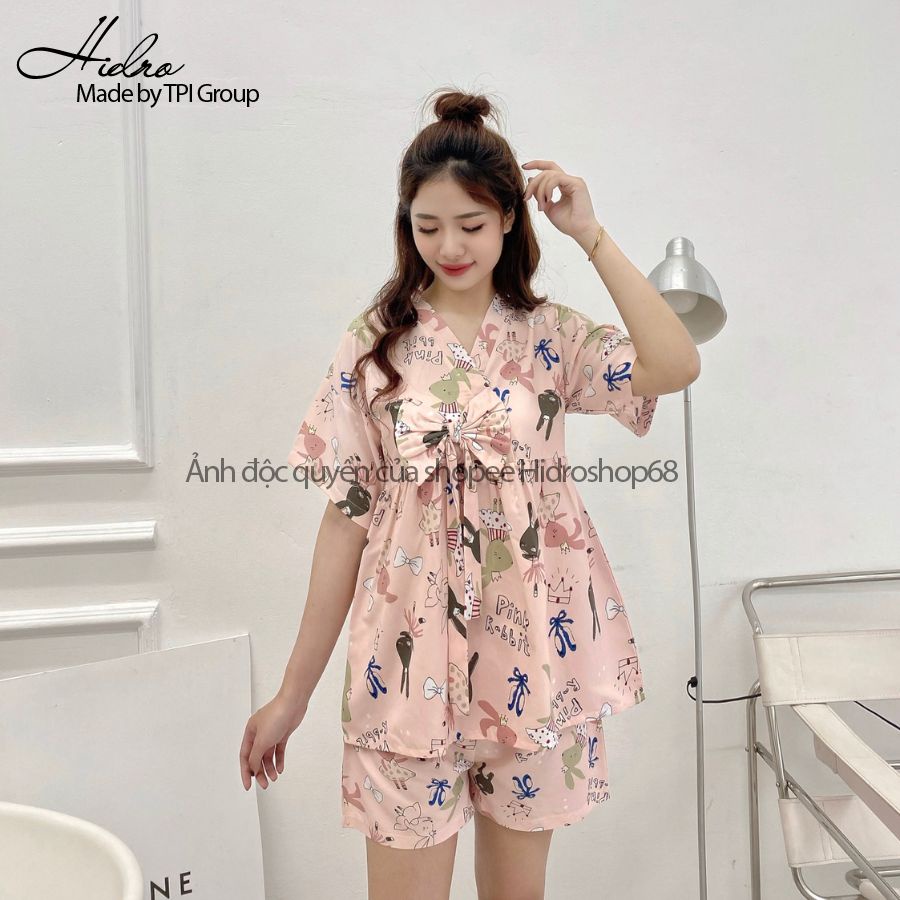 Bộ Pijama Kimono Phối Nơ Dáng Babydoll Đồ Ngủ Nữ Dễ Thương Chất Mềm Mát