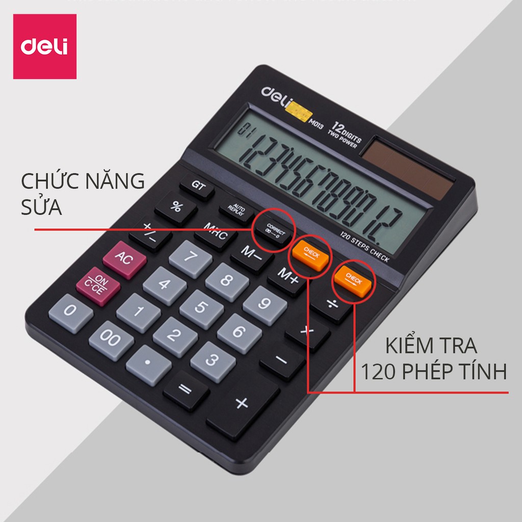 Máy tính cầm tay để bàn Deli - Màn hình LCD, sử dụng pin mặt trời - Đen - 1 chiếc - EM01320