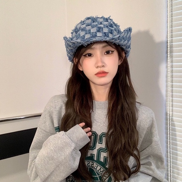 Nón Tai Bèo Họa Tiết Caro Phong Cách Cao Bồi Phương Tây Thời Trang Cho Nữ