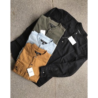 Áo sơ mi denim cổ trụ xanh bạc