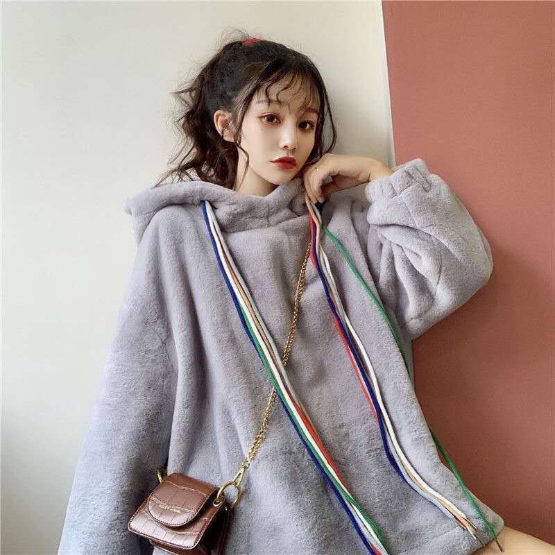 Áo hoodie nữ len nhung form rộng dày dặn Hàn Quốc | BigBuy360 - bigbuy360.vn