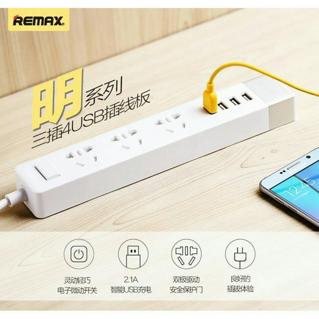 Ổ Điện Remax RU S2 Chính Hãng - 3Lỗ Cắm, 4 USB - BH 12 Tháng