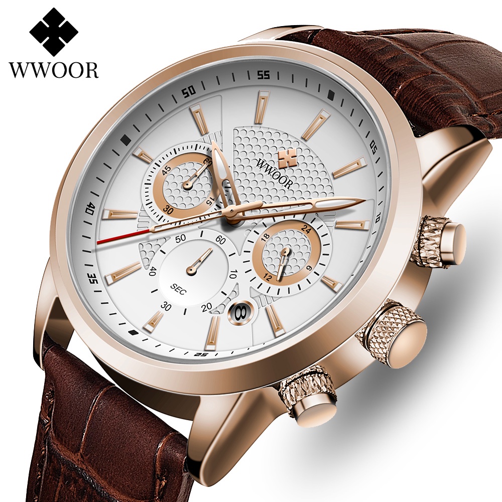 Đồng Hồ Quartz WWOOR Chống Thấm Nước Với Dây Đeo Da Sang Trọng Relojes Hombre-8845